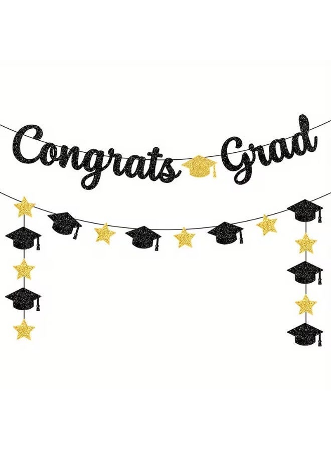 Happy Graduation Banner–Black Glitter Graduation Party Decoration | Mortarboard Cap & Gold Star Garland | Class of 2025 2026 Party Supplies for School University | - Image 1