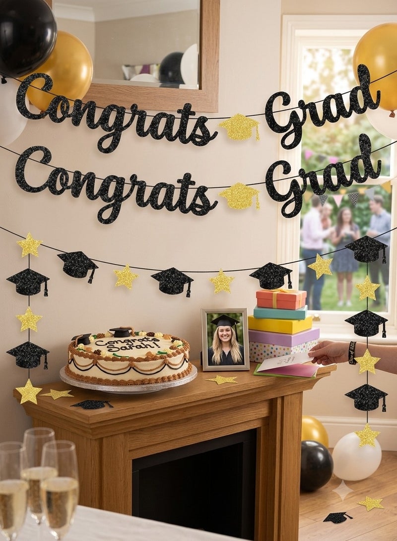 Happy Graduation Banner–Black Glitter Graduation Party Decoration | Mortarboard Cap & Gold Star Garland | Class of 2025 2026 Party Supplies for School University | - Image 2