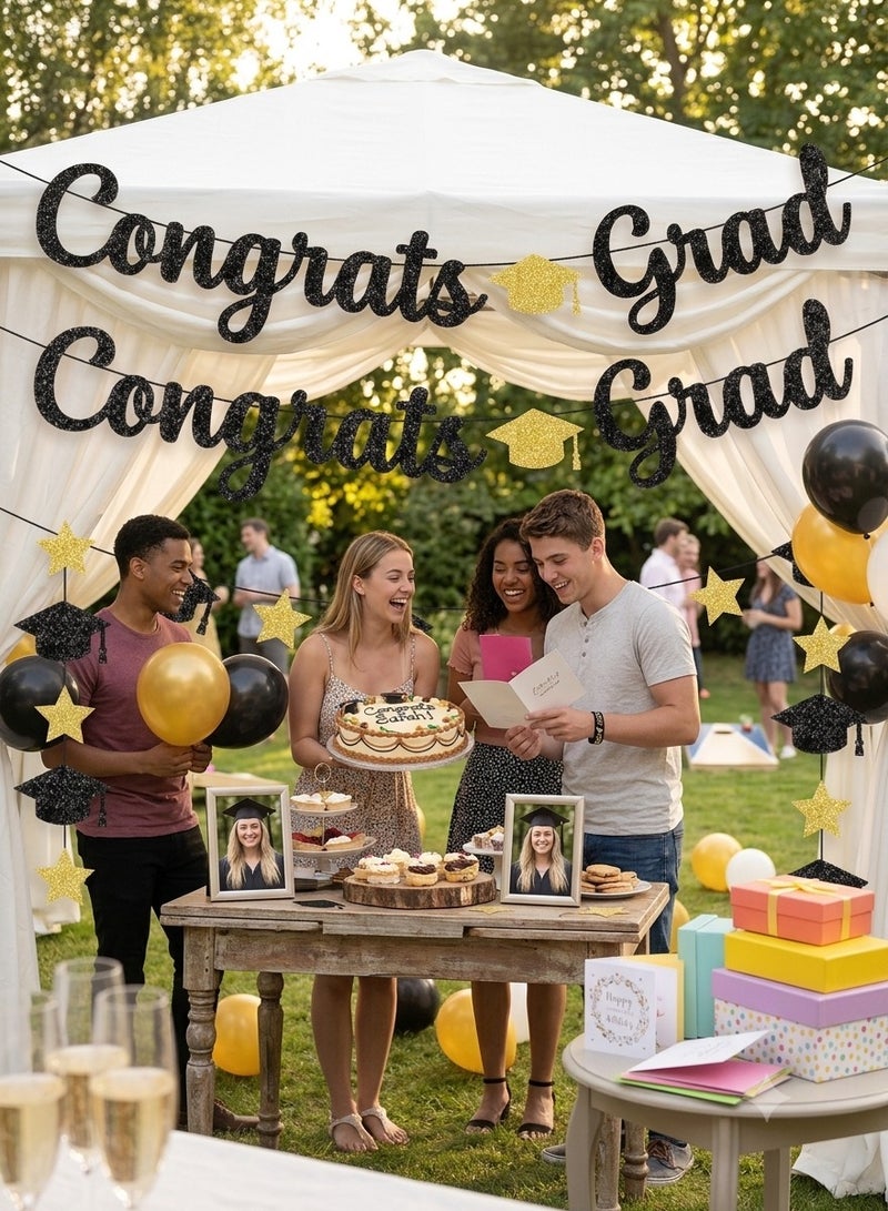 Happy Graduation Banner–Black Glitter Graduation Party Decoration | Mortarboard Cap & Gold Star Garland | Class of 2025 2026 Party Supplies for School University | - Image 3
