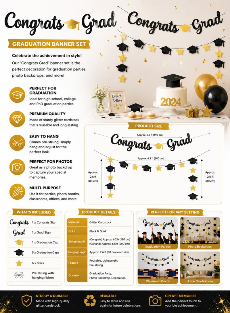 Happy Graduation Banner–Black Glitter Graduation Party Decoration | Mortarboard Cap & Gold Star Garland | Class of 2025 2026 Party Supplies for School University | - Image 4