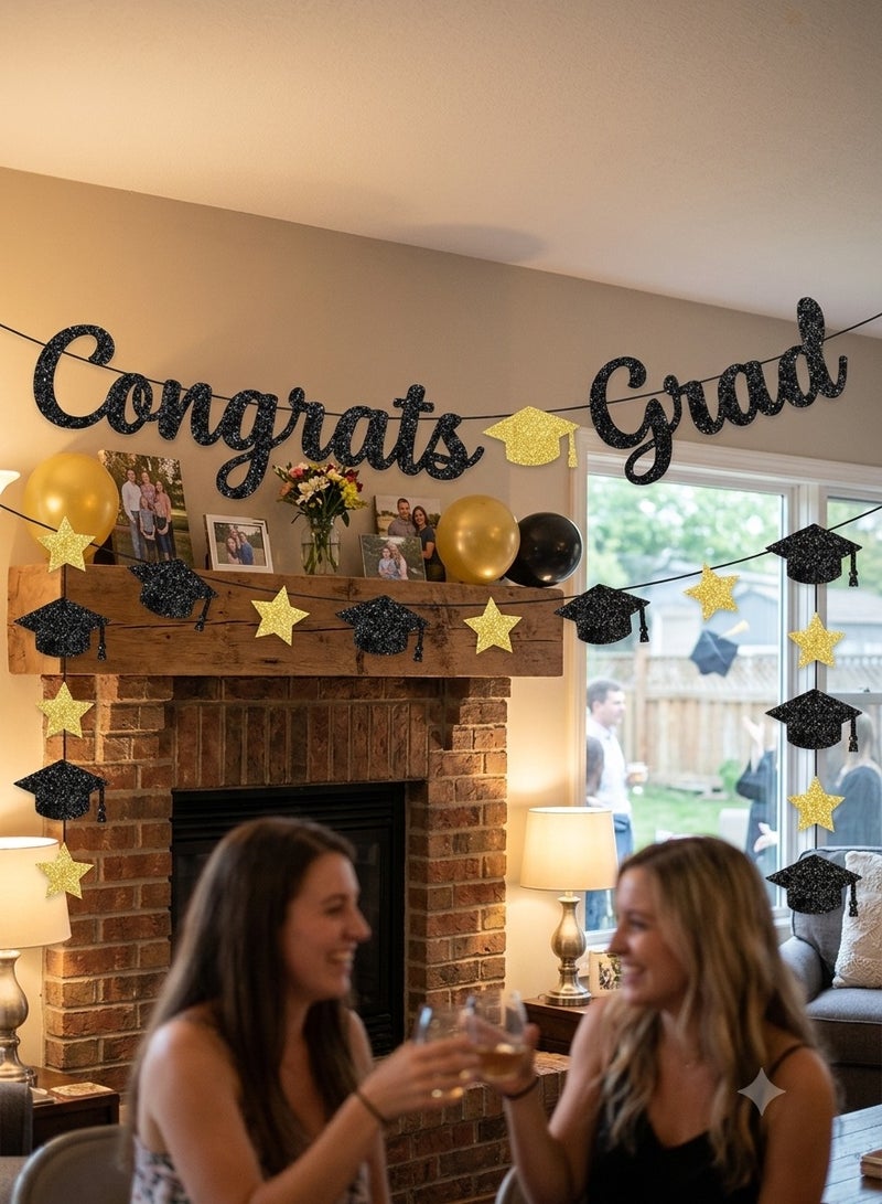Happy Graduation Banner–Black Glitter Graduation Party Decoration | Mortarboard Cap & Gold Star Garland | Class of 2025 2026 Party Supplies for School University | - Image 5