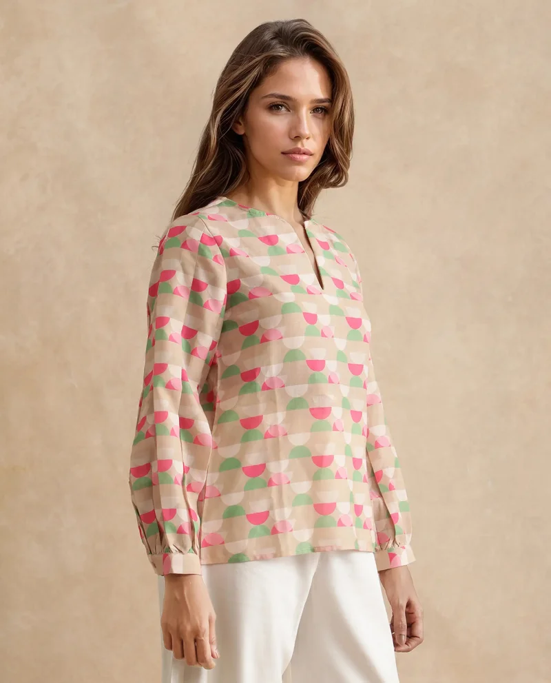 Rareism Women's Geometric Print 100% Linen Top