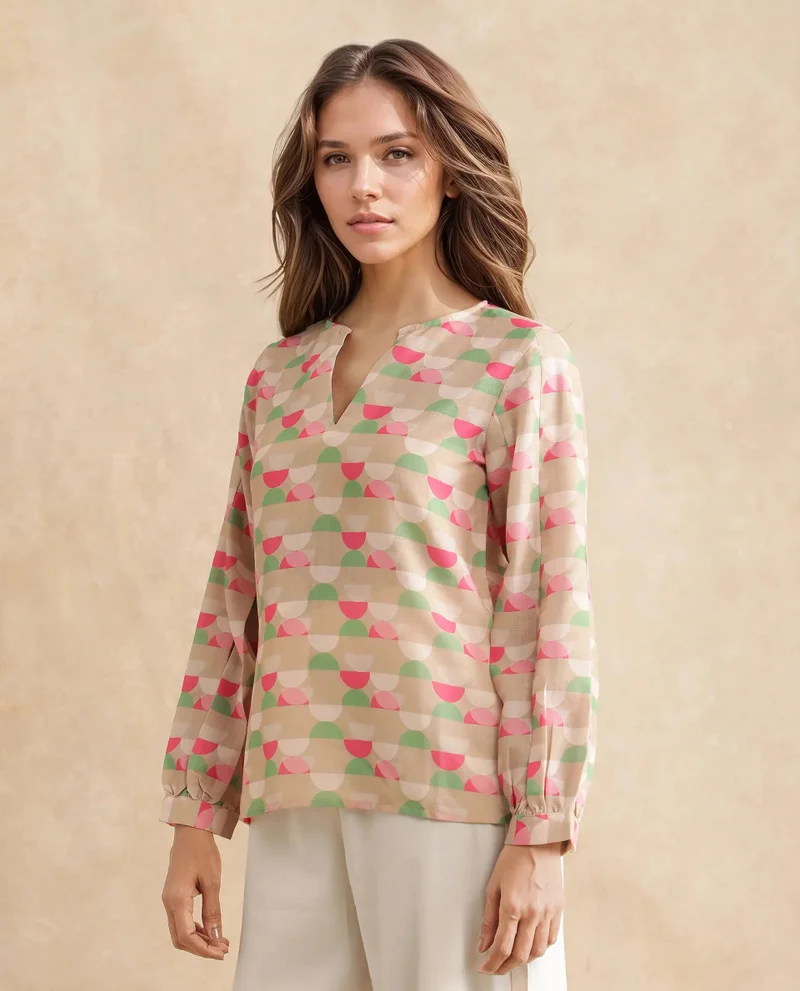 Rareism Women's Geometric Print 100% Linen Top