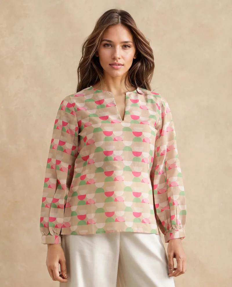 Rareism Women's Geometric Print 100% Linen Top