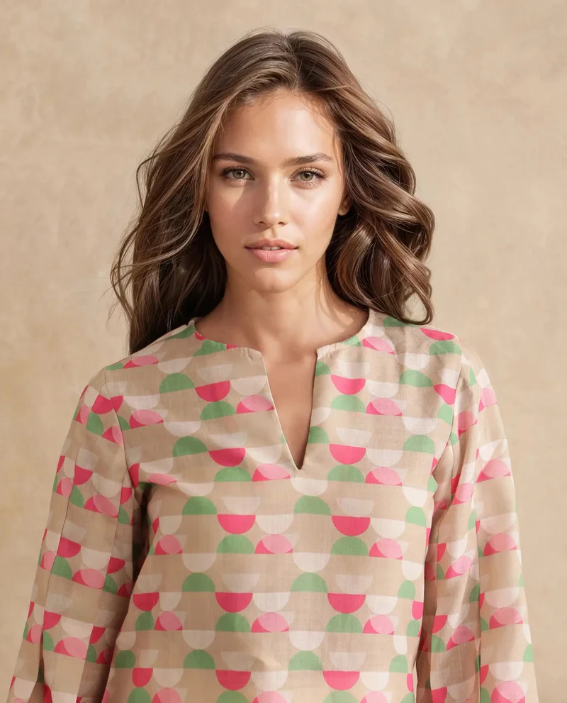 Rareism Women's Geometric Print 100% Linen Top