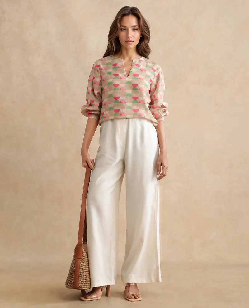 Rareism Women's Geometric Print 100% Linen Top