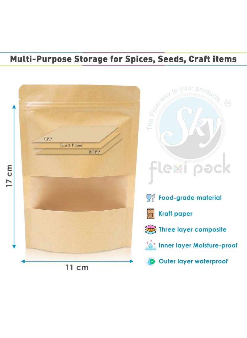 SKY FLEXI PACK SKY FLEXI PACK Kraft Paper Ziplock Pouch 11 x 17cm Pack of 100 Airtight Reusable Stand Up Waterproof Multipurpose Storage Bags with Rectangle Transparent Window Capacity up to 100g  - Image 2