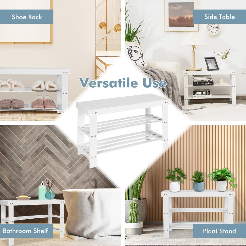 COSTWAY Bamboo Shoe Rack Bench 3-Tier Free Standing Wood Shoe Storage Organizer Shelf Holder Home Entryway Hallway Furniture Eco-Friendly (White) - Image 5
