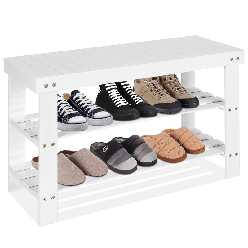 COSTWAY Bamboo Shoe Rack Bench 3-Tier Free Standing Wood Shoe Storage Organizer Shelf Holder Home Entryway Hallway Furniture Eco-Friendly (White) - Image 1