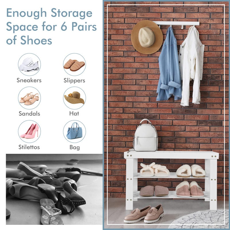 COSTWAY Bamboo Shoe Rack Bench 3-Tier Free Standing Wood Shoe Storage Organizer Shelf Holder Home Entryway Hallway Furniture Eco-Friendly (White) - Image 3