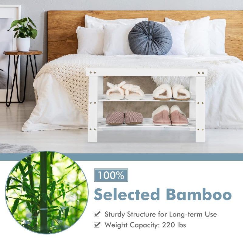 COSTWAY Bamboo Shoe Rack Bench 3-Tier Free Standing Wood Shoe Storage Organizer Shelf Holder Home Entryway Hallway Furniture Eco-Friendly (White) - Image 4