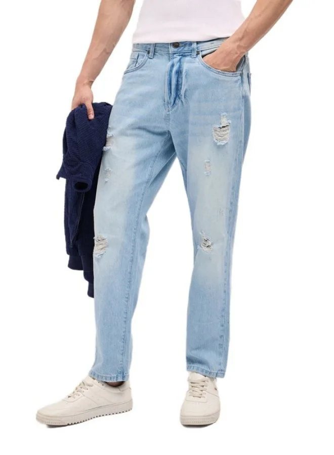 Men's Light Blue with Light Fade Distressed Mid-Rise Relaxed Fit Jeans Classic Comfort With Modern Style, Perfect For Everyday Casual Looks And Effortless Streetwear Vibes