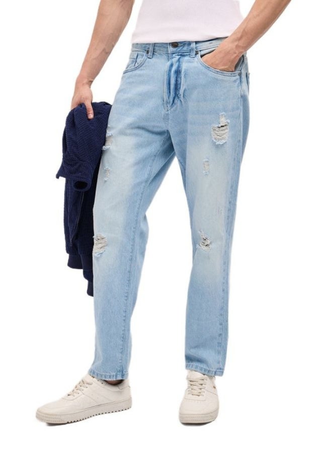 THE BEAR HOUSE Men's Light Blue with Light Fade Distressed Mid-Rise Relaxed Fit Jeans Classic Comfort With Modern Style, Perfect For Everyday Casual Looks And Effortless Streetwear Vibes - Image 1