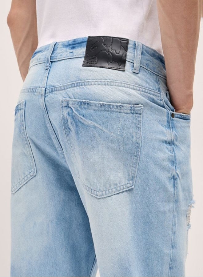 THE BEAR HOUSE Men's Light Blue with Light Fade Distressed Mid-Rise Relaxed Fit Jeans Classic Comfort With Modern Style, Perfect For Everyday Casual Looks And Effortless Streetwear Vibes - Image 5