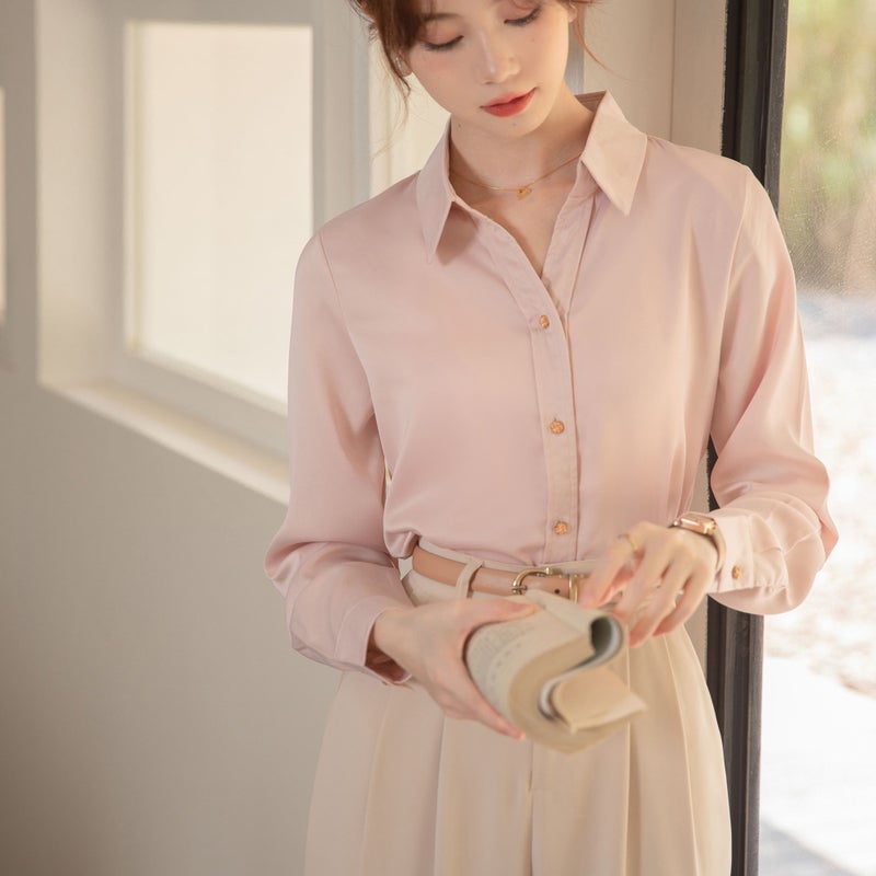 White chic high-end shirt, women's long-sleeved job interview suit, commuting OL light mature style satin shirt - Image 1