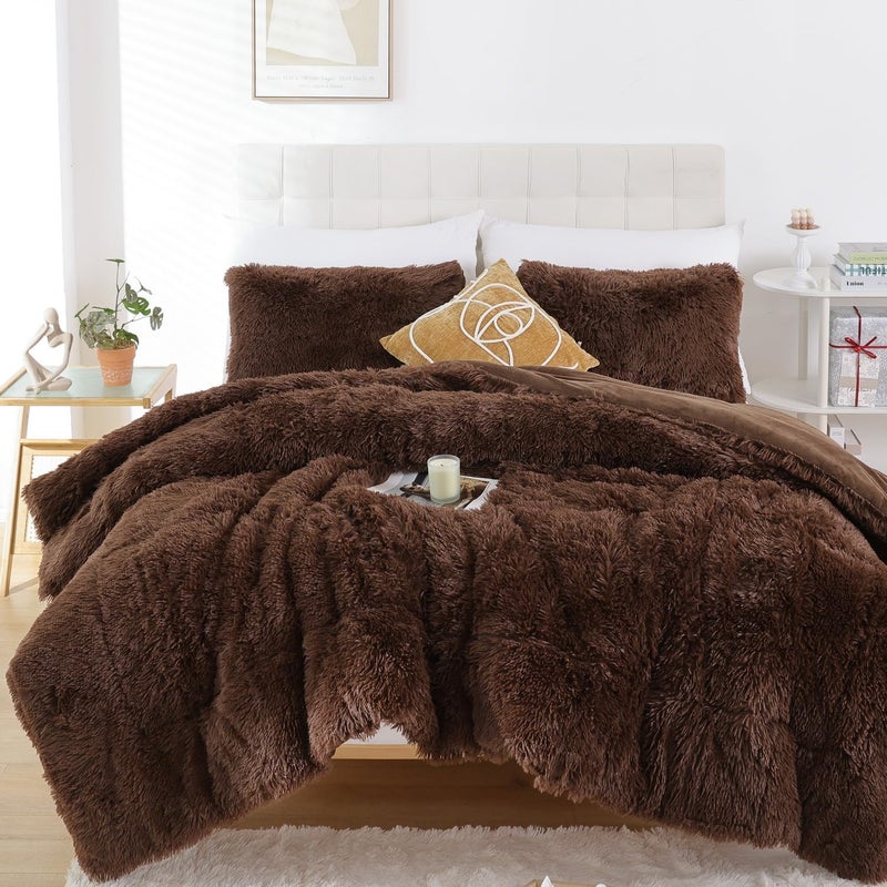 Smoofy Fluffy Queen Comforter Set, Faux Fur Comforter Set Queen Size, Luxury Fuzzy Bedding Set, Soft Shaggy Bed Set for All Season, 3 Pieces - 1 Comforter & 2 Pillowcases, Coffee - Image 1