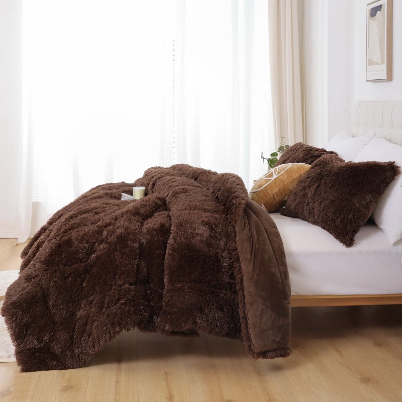 Smoofy Fluffy Queen Comforter Set, Faux Fur Comforter Set Queen Size, Luxury Fuzzy Bedding Set, Soft Shaggy Bed Set for All Season, 3 Pieces - 1 Comforter & 2 Pillowcases, Coffee - Image 3