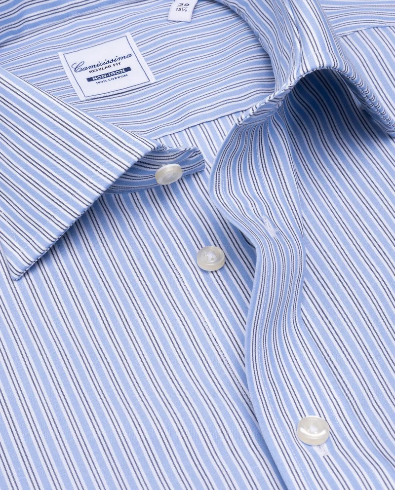 كاميتشسما Fancy Non-Iron Light Blue Stripes Poplin Regular Shirt
