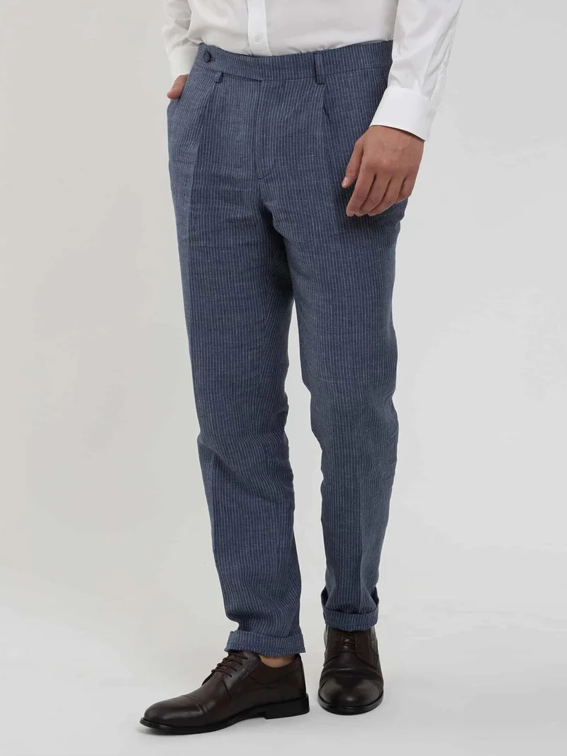 Dufy Indigo Men's Slim Fit Striped Linen Trousers - 104537