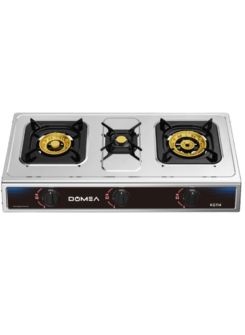 DOMEA Stainless Steel Gas Burner With Auto Ignition | 3 Burners Stove, Brass Burner With Convenient Pot Holders, 60% Gas Save, Perfect For Home, Apartments, Parties, Outdoors | Table Top, Portable - Image 1