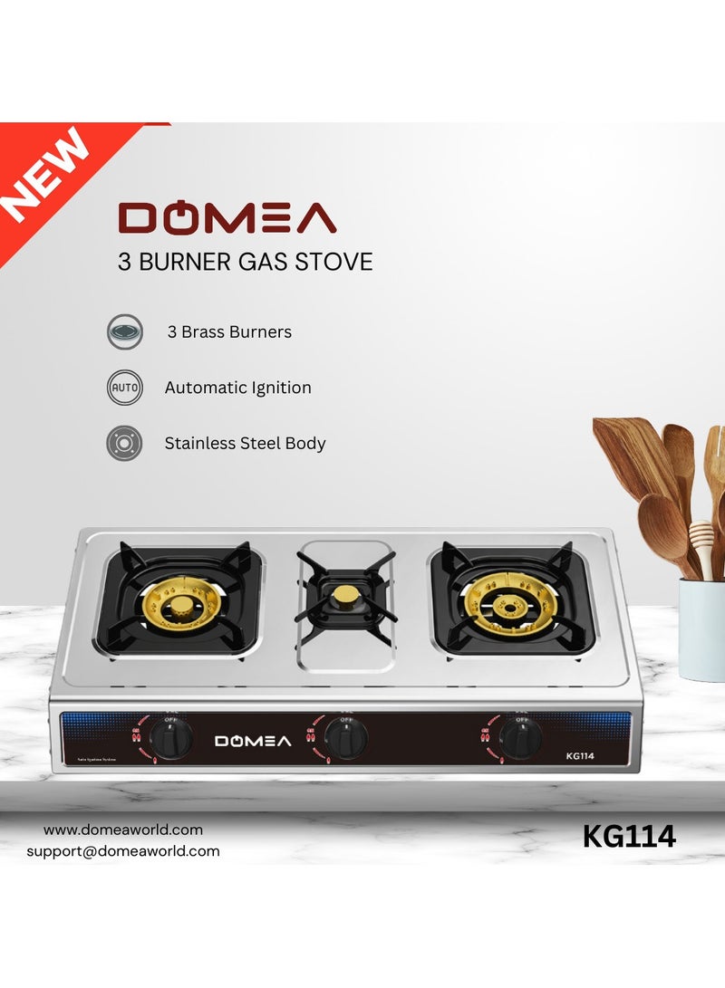 DOMEA Stainless Steel Gas Burner With Auto Ignition | 3 Burners Stove, Brass Burner With Convenient Pot Holders, 60% Gas Save, Perfect For Home, Apartments, Parties, Outdoors | Table Top, Portable - Image 2