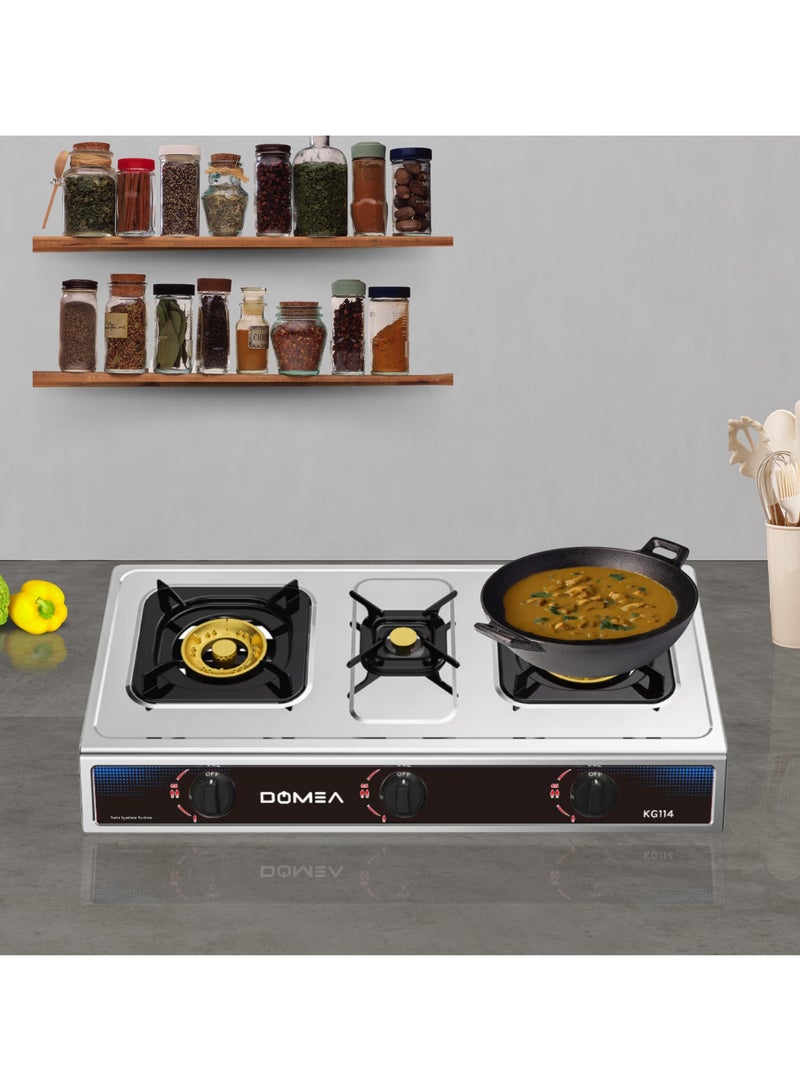 DOMEA Stainless Steel Gas Burner With Auto Ignition | 3 Burners Stove, Brass Burner With Convenient Pot Holders, 60% Gas Save, Perfect For Home, Apartments, Parties, Outdoors | Table Top, Portable - Image 5