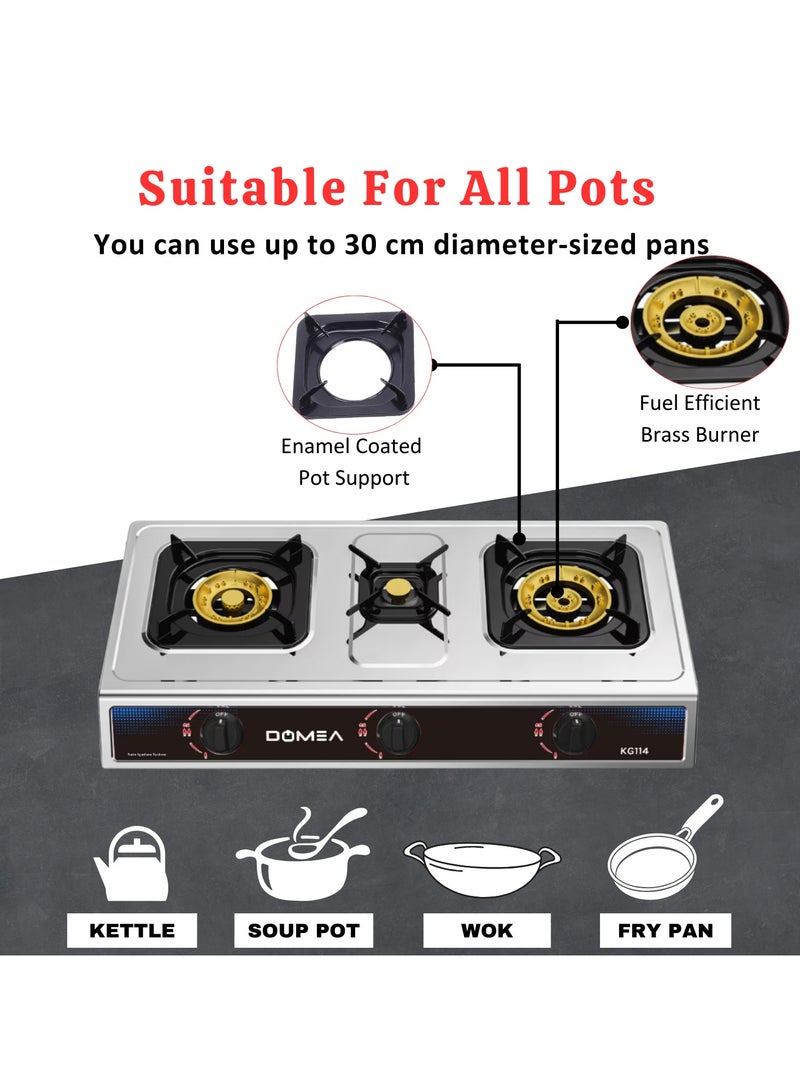 DOMEA Stainless Steel Gas Burner With Auto Ignition | 3 Burners Stove, Brass Burner With Convenient Pot Holders, 60% Gas Save, Perfect For Home, Apartments, Parties, Outdoors | Table Top, Portable - Image 4