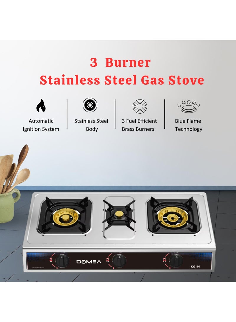 DOMEA Stainless Steel Gas Burner With Auto Ignition | 3 Burners Stove, Brass Burner With Convenient Pot Holders, 60% Gas Save, Perfect For Home, Apartments, Parties, Outdoors | Table Top, Portable - Image 3