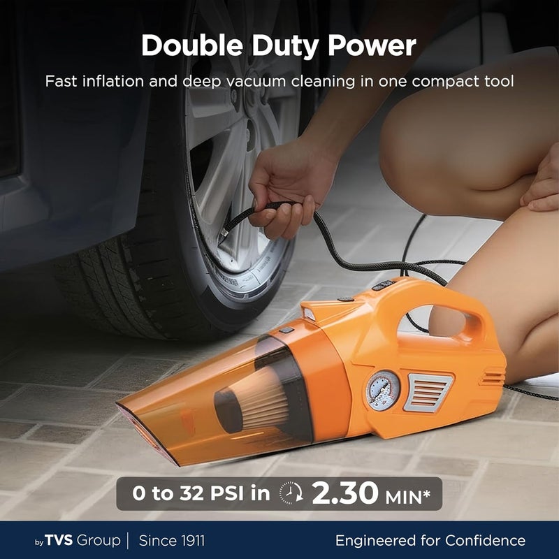ماي تي في اس منفاخ إطارات ومكنسة كهربائية للسيارة myTVS air Dual Pro 2 في 1، يعمل بجهد 12 فولت | مضخة هواء 100 رطل لكل بوصة مربعة لإطارات السيارة | قوة شفط عالية 100 واط للتنظيف الرطب والجاف | مزود بإضاءة LED وسلك طويل، ضمان لمدة عام + عام إضافي - TI-8 - Image 2