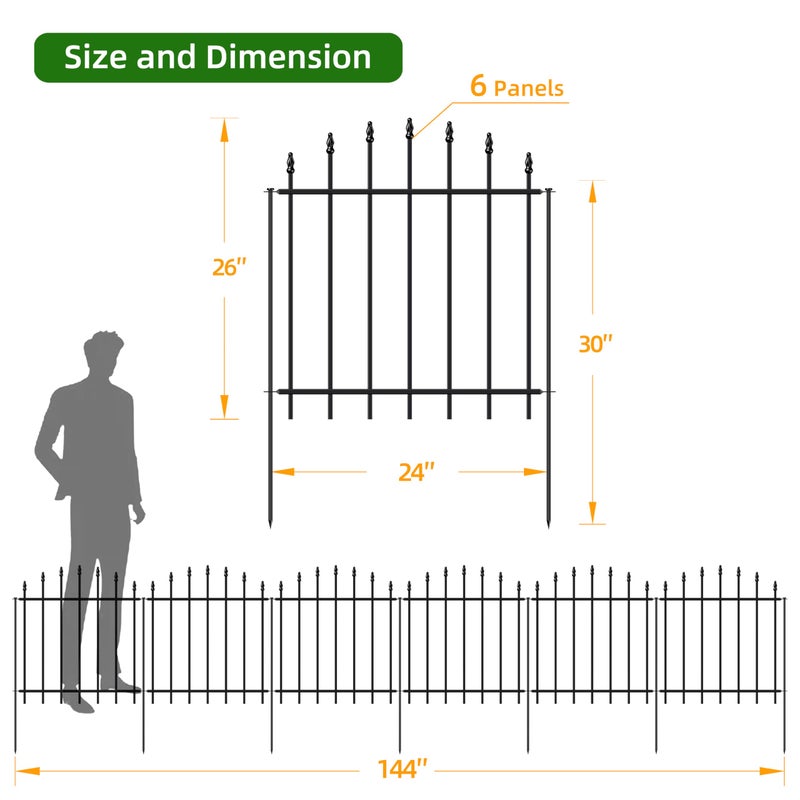 FOREHOGAR Metal Garden Fence 26 in H x 12 ft L, 6 Panels + 7 Stakes Border Dog Fence Panels Animal Barrier, No Dig Garden Fencing for Yard Patio Flower Bed Lawn Outdoor, Arch Black - Image 3