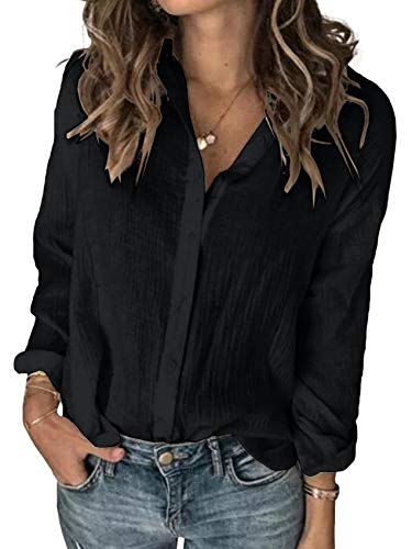 Karlywindow Womens Long Sleeve Button Down Cotton Linen Shirt Blouse Loose Fit Casual V-Neck Tops (Black, Small) - Image 5