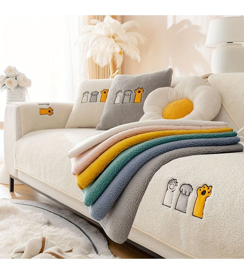 1pc Plush Gray Pillow Case 17.7inch By 17.7inch Non Slip Couch Protector With Cartoon Embroidery Machine Washable Fabric Seat Cover For Living Room Bedroom Office Pet Friendly Decor - Image 1