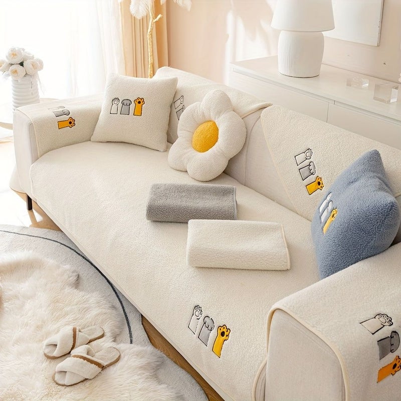 1pc Plush Gray Pillow Case 17.7inch By 17.7inch Non Slip Couch Protector With Cartoon Embroidery Machine Washable Fabric Seat Cover For Living Room Bedroom Office Pet Friendly Decor - Image 2