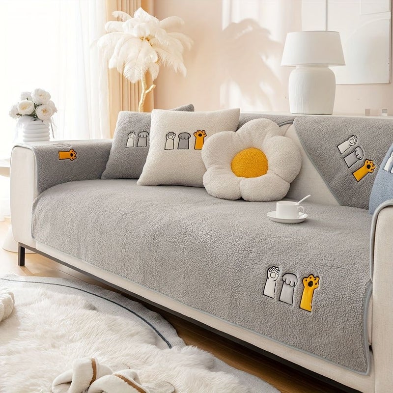 1pc Plush Gray Pillow Case 17.7inch By 17.7inch Non Slip Couch Protector With Cartoon Embroidery Machine Washable Fabric Seat Cover For Living Room Bedroom Office Pet Friendly Decor - Image 5