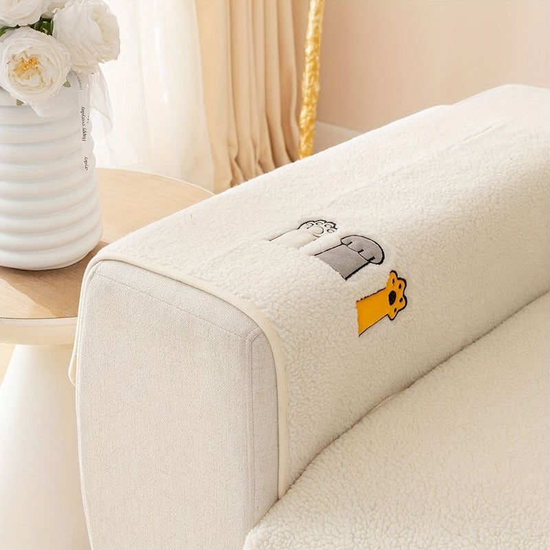 1pc Plush Gray Pillow Case 17.7inch By 17.7inch Non Slip Couch Protector With Cartoon Embroidery Machine Washable Fabric Seat Cover For Living Room Bedroom Office Pet Friendly Decor - Image 4