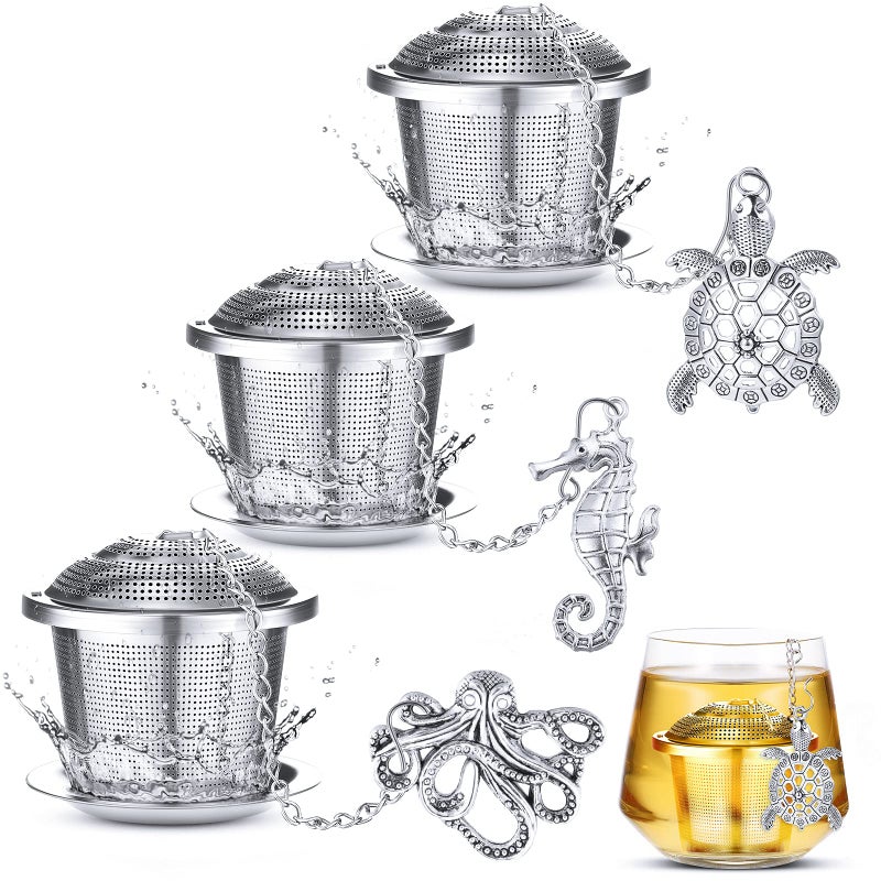 Chengu Tea Infusers for Loose Tea 3 Sets Loose Leaf Tea Steeper Tea Strainer Stainless Steel Tea Ball for Loose Tea Holder Tea Mesh Strainer Tea Filters with Drip Trays and Pendant Aquatic Creatures Style