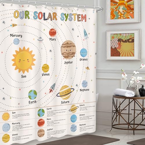 Imirell Space Galaxy Solar System Shower Curtain 60Wx72H Inches Cartoon Planets Educational Learning Tool Universe Knowledge Nursery Kids Bathroom Decor Fabric Waterproof Polyester 12 Pack Hooks - Image 3