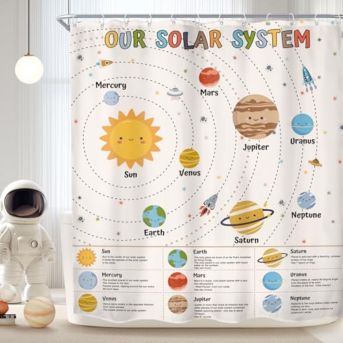 Imirell Space Galaxy Solar System Shower Curtain 60Wx72H Inches Cartoon Planets Educational Learning Tool Universe Knowledge Nursery Kids Bathroom Decor Fabric Waterproof Polyester 12 Pack Hooks - Image 1