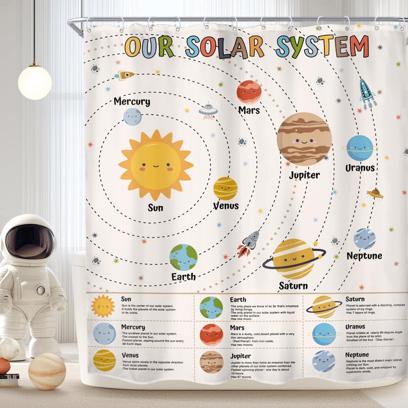 Imirell Space Galaxy Solar System Shower Curtain 60Wx72H Inches Cartoon Planets Educational Learning Tool Universe Knowledge Nursery Kids Bathroom Decor Fabric Waterproof Polyester 12 Pack Hooks - Image 2