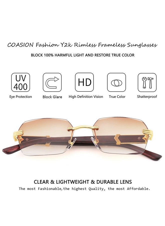 COASION - Fashion Rimless Frameless Sunglasses For Women Men Y2K Retro Sun Glasses Square Tinted Glasses (Goldgradient Brown) - Image 1