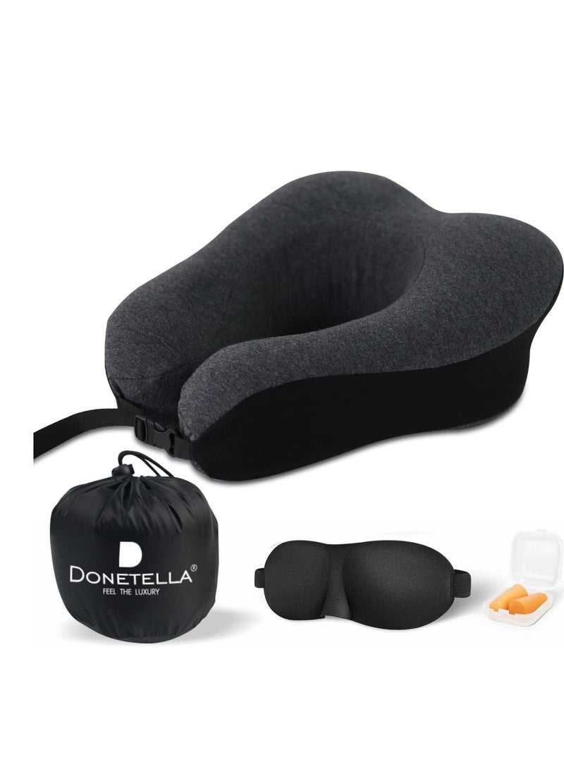 Donetella Travel Pillow: 1-Piece Memory Foam Neck Pillow, Light Weight, Comfortable Suitable For Airplane Travel and Gifting With Ear Plugs, Eye Mask, And Luxury Mesh Bag Black  - Image 1