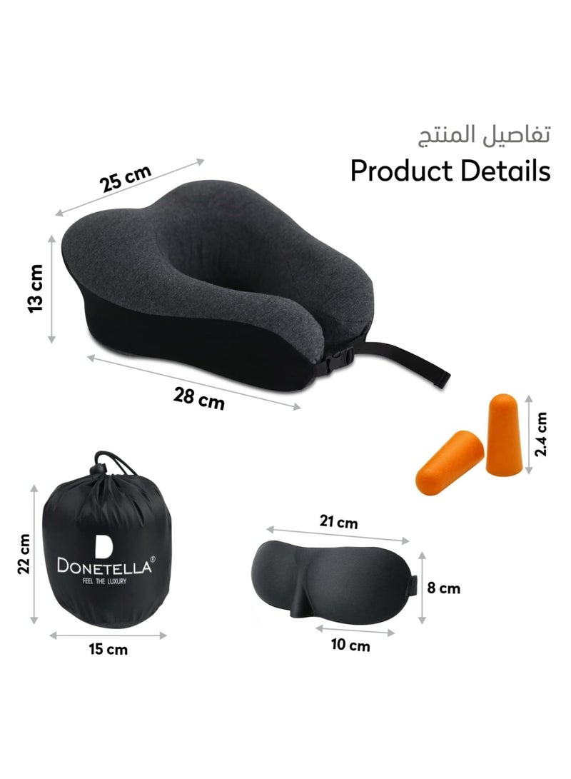 Donetella Travel Pillow: 1-Piece Memory Foam Neck Pillow, Light Weight, Comfortable Suitable For Airplane Travel and Gifting With Ear Plugs, Eye Mask, And Luxury Mesh Bag Black  - Image 3