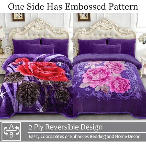 JYK Soft Korean Mink Blanket, 5 LB Fleece Queen 75'' x 87'' - 2 Ply Reversible 520GSM Super Soft Plush, Thick, Warm Bed Blanket for Autumn Winter - Purple, Rose/Camellia - Image 3
