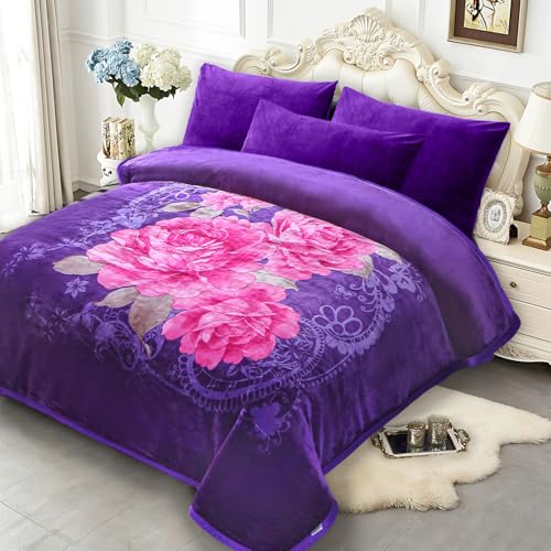 JYK Soft Korean Mink Blanket, 5 LB Fleece Queen 75'' x 87'' - 2 Ply Reversible 520GSM Super Soft Plush, Thick, Warm Bed Blanket for Autumn Winter - Purple, Rose/Camellia - Image 2