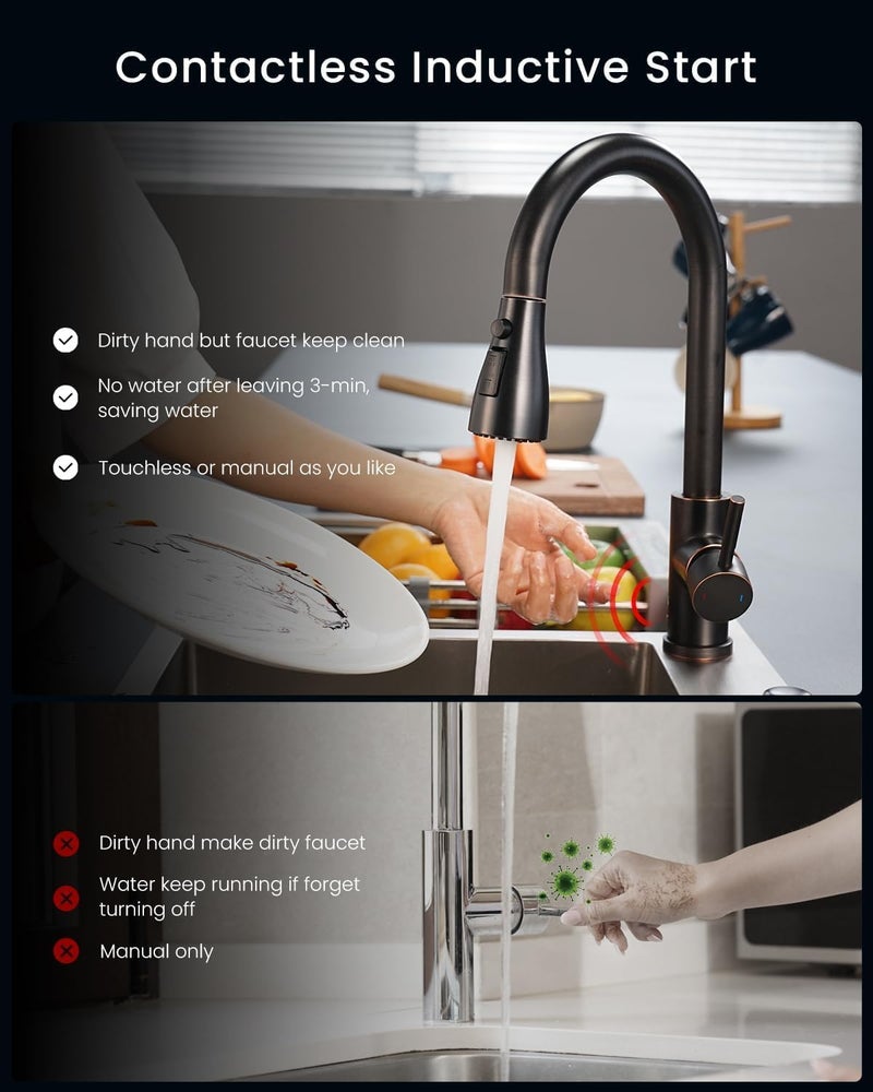 DAYONE Touchless Bronze Kitchen Sink Faucet with Pull Down Sprayer and Soap Dispenser, Oil Rubbed Brown 3 Modes Motion Sensor Hands-Free Single Handle Touch Faucet for Kitchen Sink High Arc - Image 5
