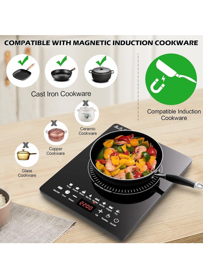 VRCOW - Portable Induction Cooktop, Countertop Burner with Multi-Function, 2200w Electric Stove with Easy Clean Glass, 8 Modes Sensor Touch Cooker - Image 1