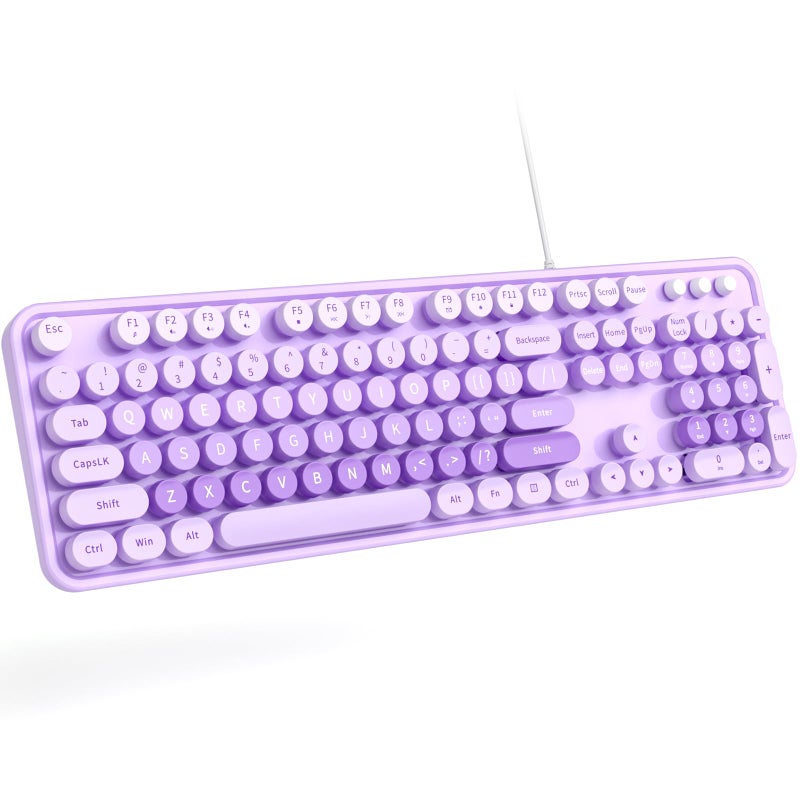 MOWUX Large Print Keyboard Wired, Full Size Wired Retro Round Keyboard with Foldable Stands, Plug and Play for Laptop and Office PC- Purple Colorful - Image 1
