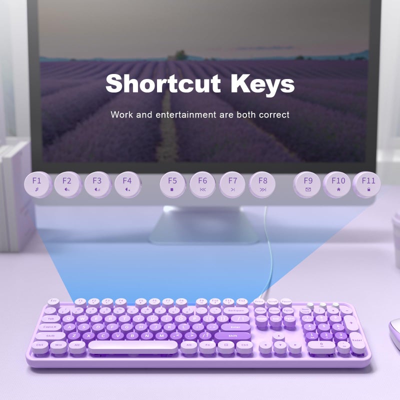MOWUX Large Print Keyboard Wired, Full Size Wired Retro Round Keyboard with Foldable Stands, Plug and Play for Laptop and Office PC- Purple Colorful - Image 5