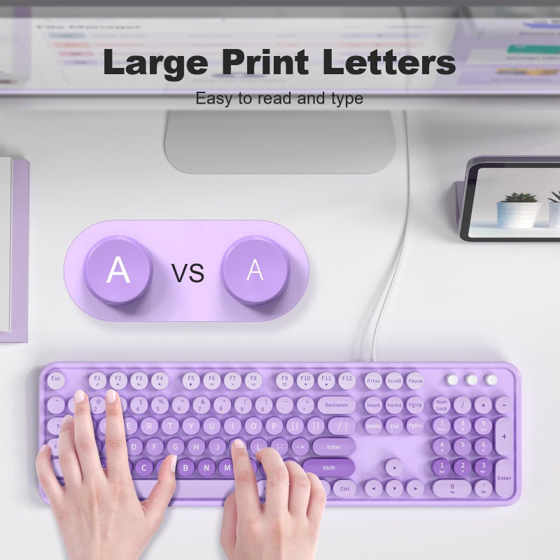 MOWUX Large Print Keyboard Wired, Full Size Wired Retro Round Keyboard with Foldable Stands, Plug and Play for Laptop and Office PC- Purple Colorful - Image 2