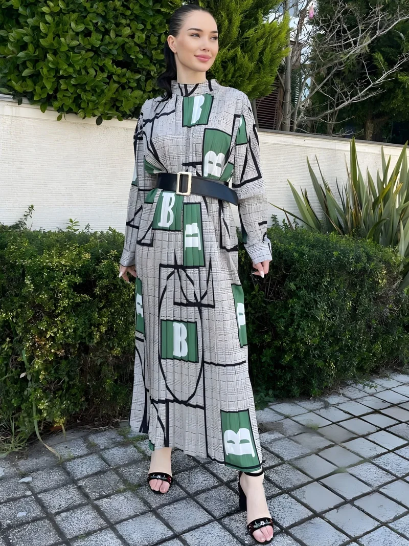 جينيفر Geometric Print Belted Maxi Dress with Mandarin Collar